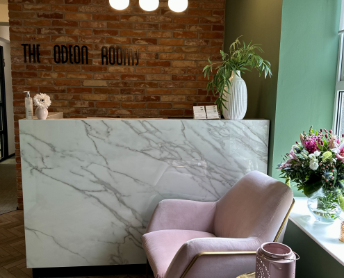 Odeon Room reception area. Brick wall with light fixture on roof. Green window with pink chairs in front of it. Flowers and plants on desk and window sill.